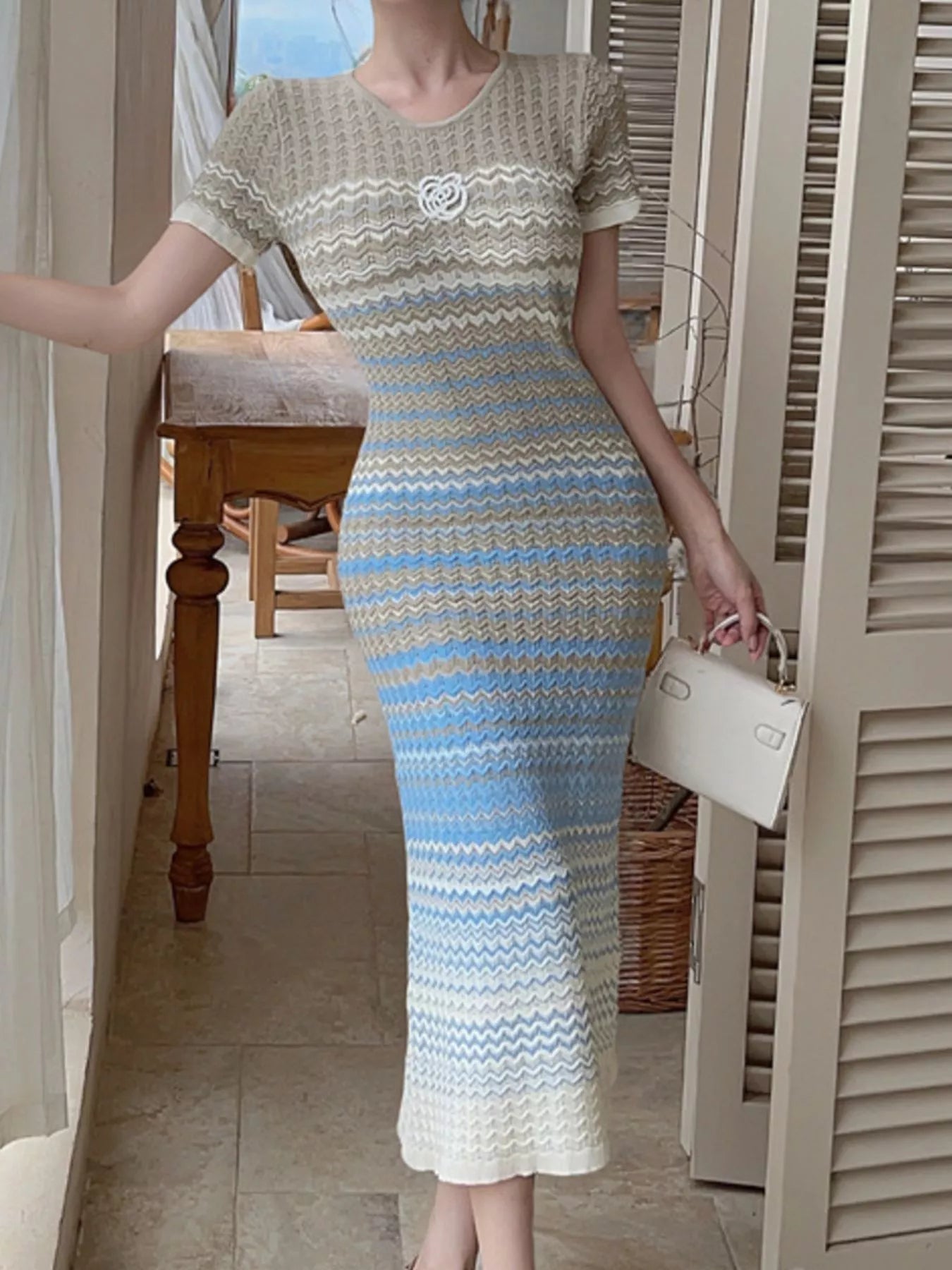 Trendsi Gradient Knit Striped Short Sleeve Midi Dress -
