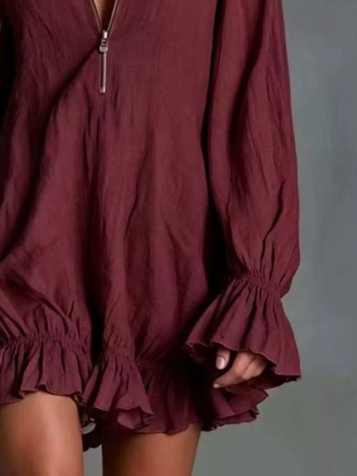 Trendsi Zipper Front Ruffle Hem Flounce Sleeve Mini Dress -