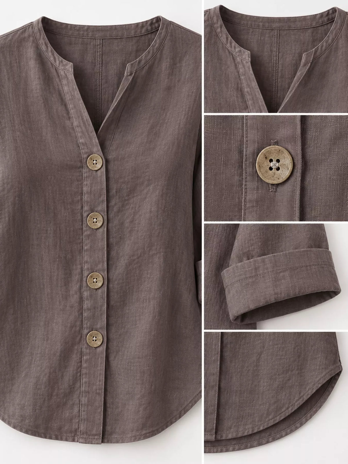 Notched-neck shirt, gray neckline button cuff and hem details