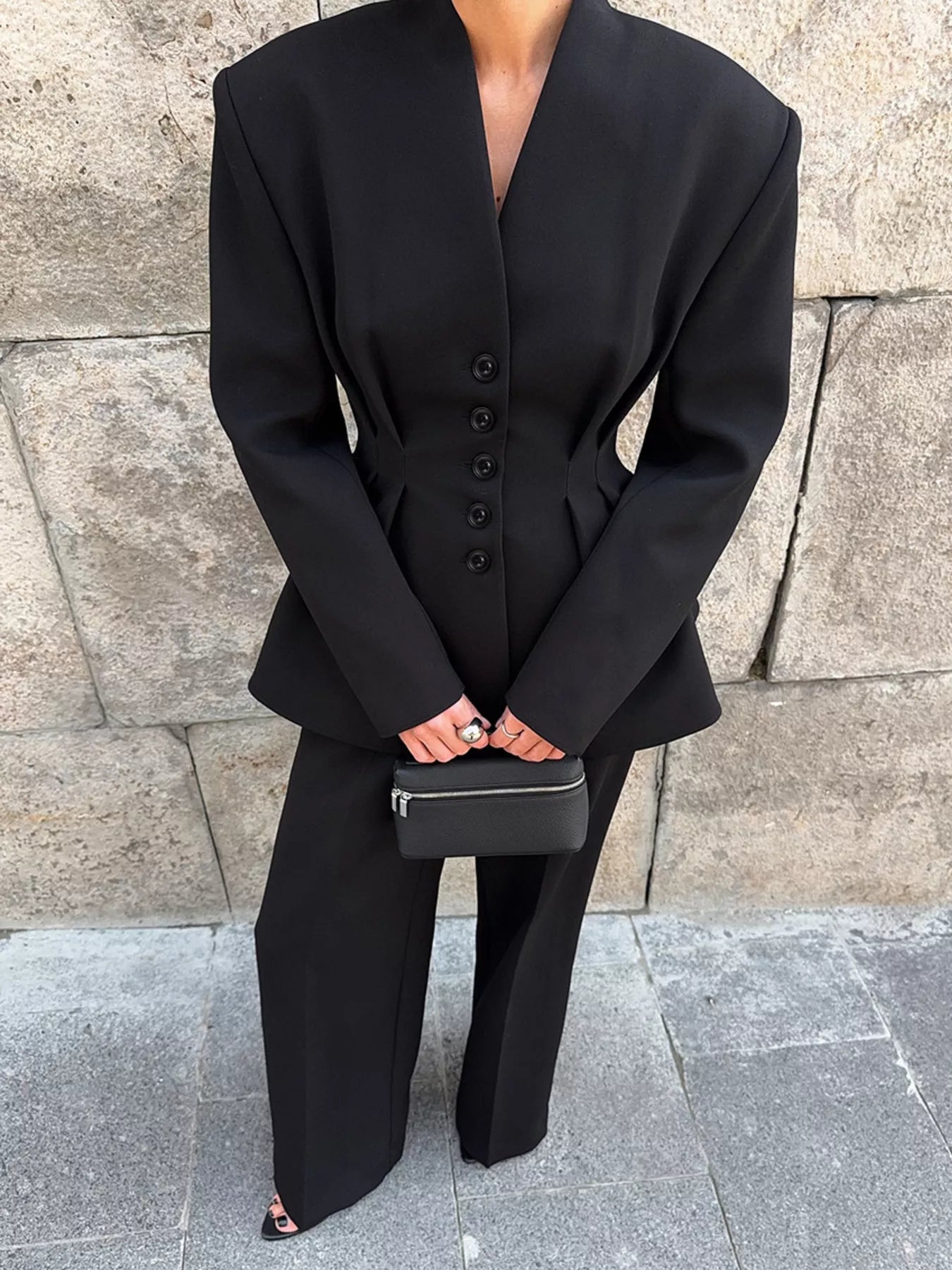 Trendsi Chic Button Down Pleated Blazer and Wide-Leg Pants Suit Set - Outerwear