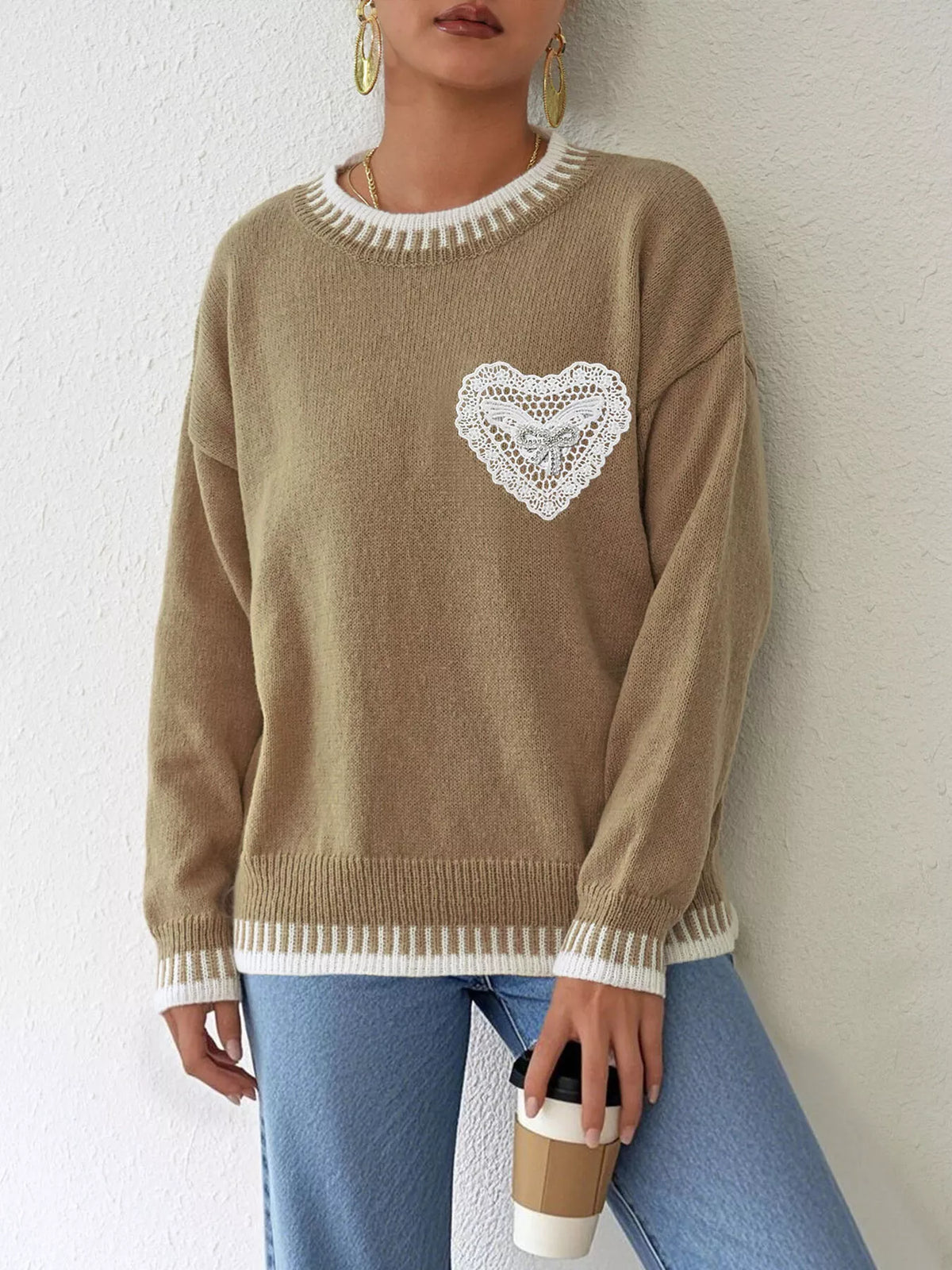Trendsi Lace Heart Contrast Trim Sweater -