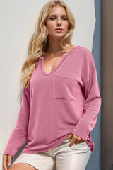 Trendsi Double Take Striped Notched Long Sleeve T-Shirt -