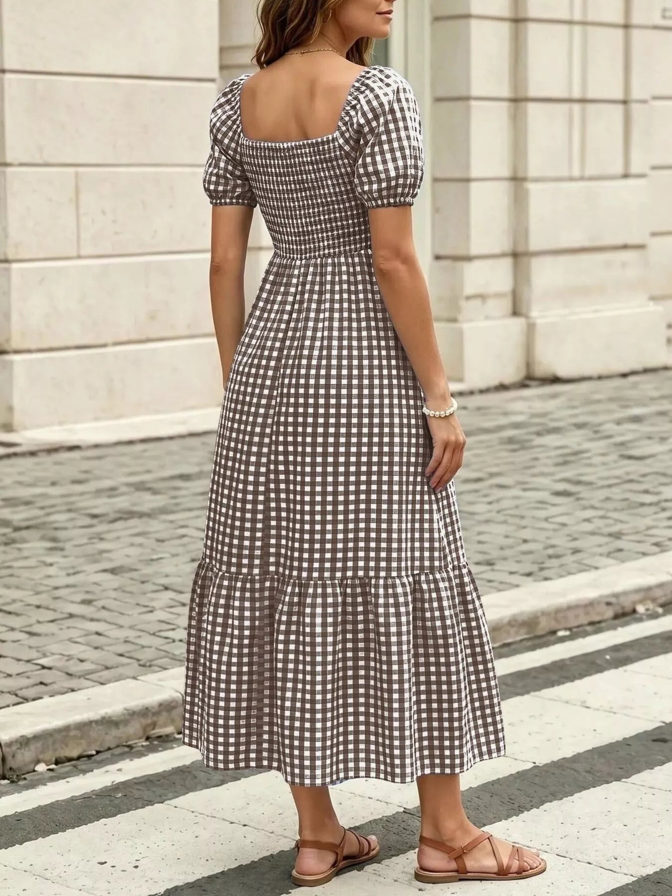 Trendsi Gingham Smocked Puff Sleeve Midi Dress -