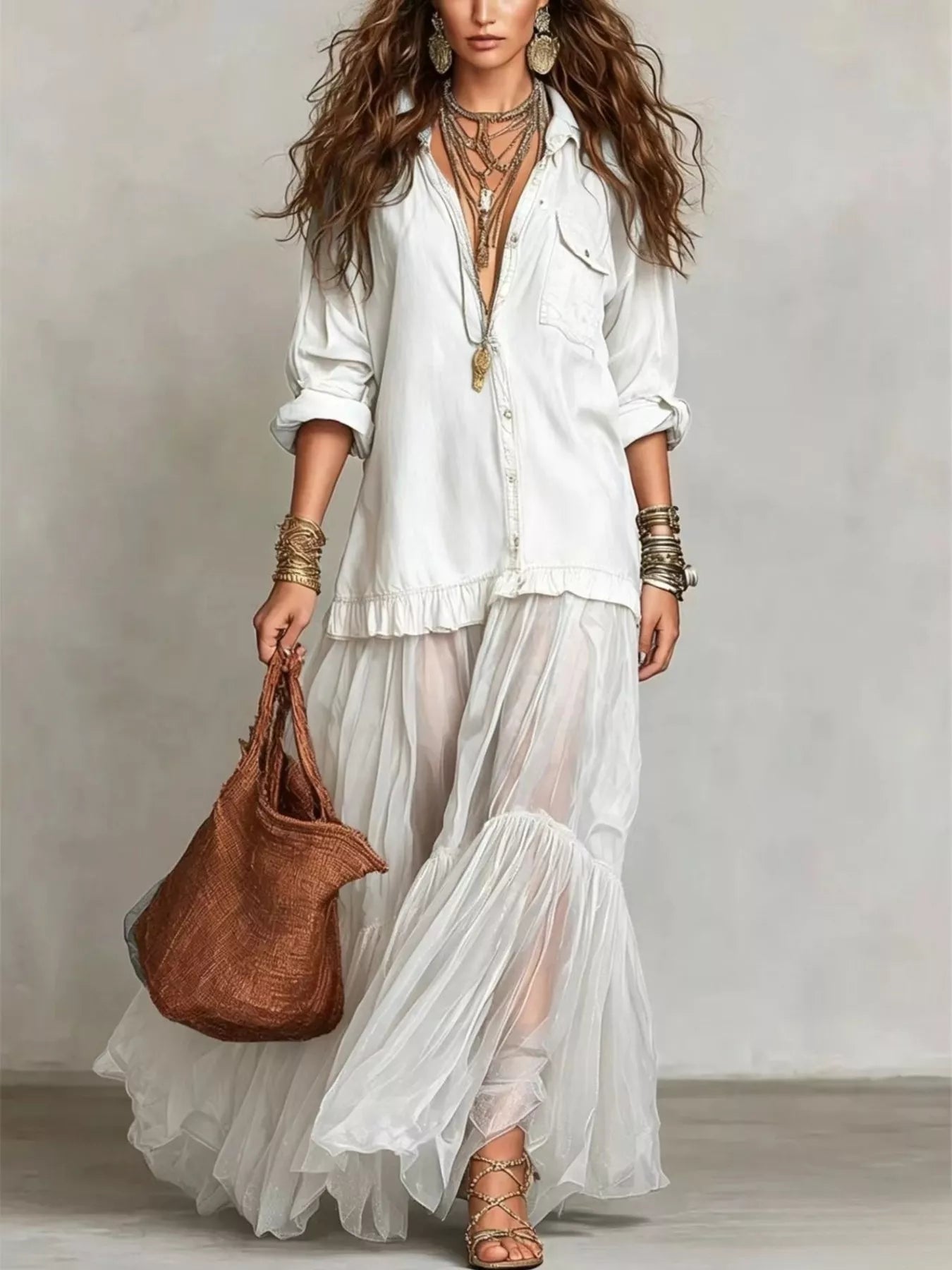 Trendsi Full Size Tiered Long Sleeve Denim Shirt Maxi Dress Plus Size -