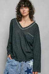 Trendsi POL Contrast Stitch V-Neck Lightweight Knit Long Sleeve Top -