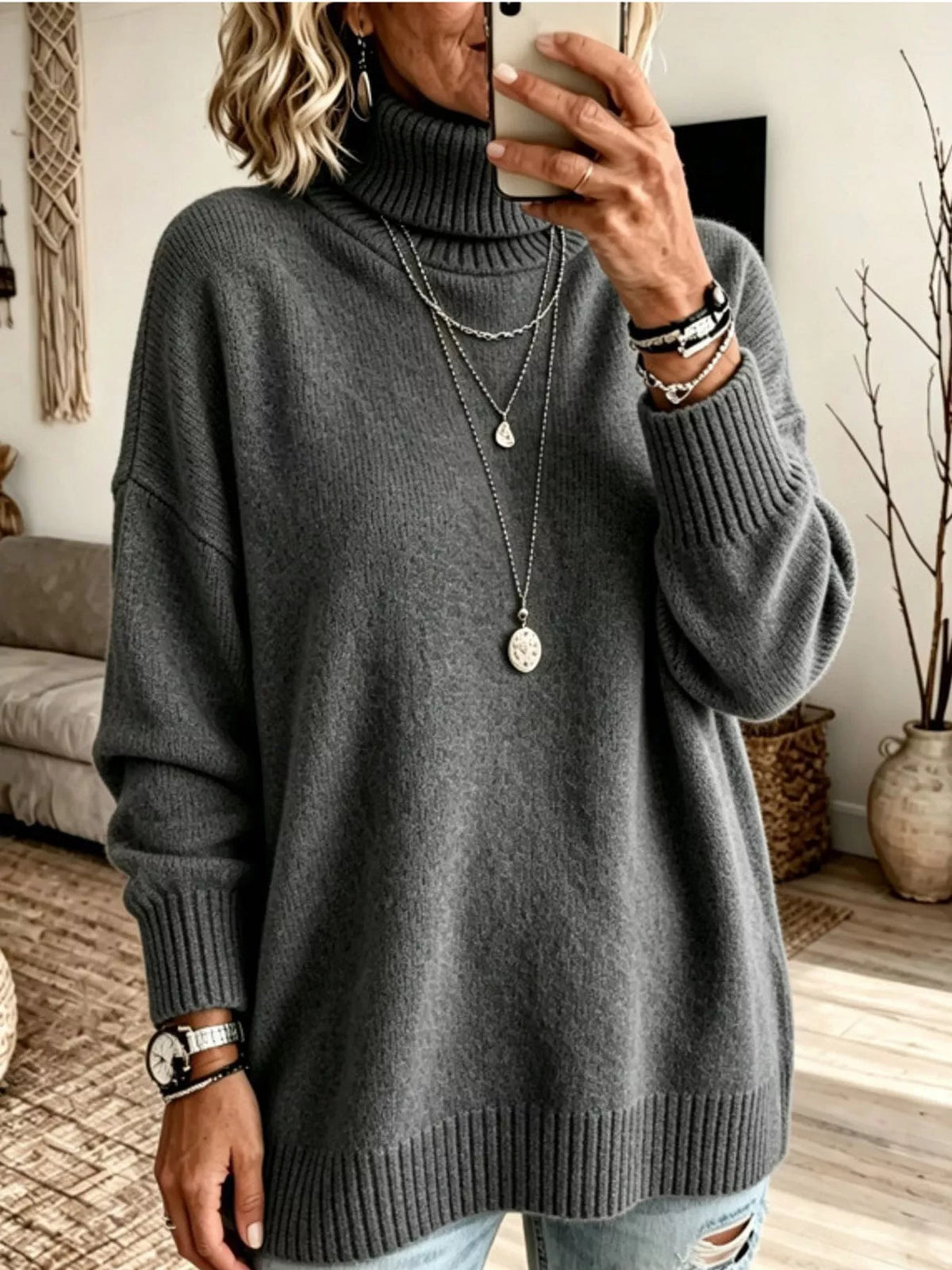 Oversized Turtleneck Pullover Sweater — front view