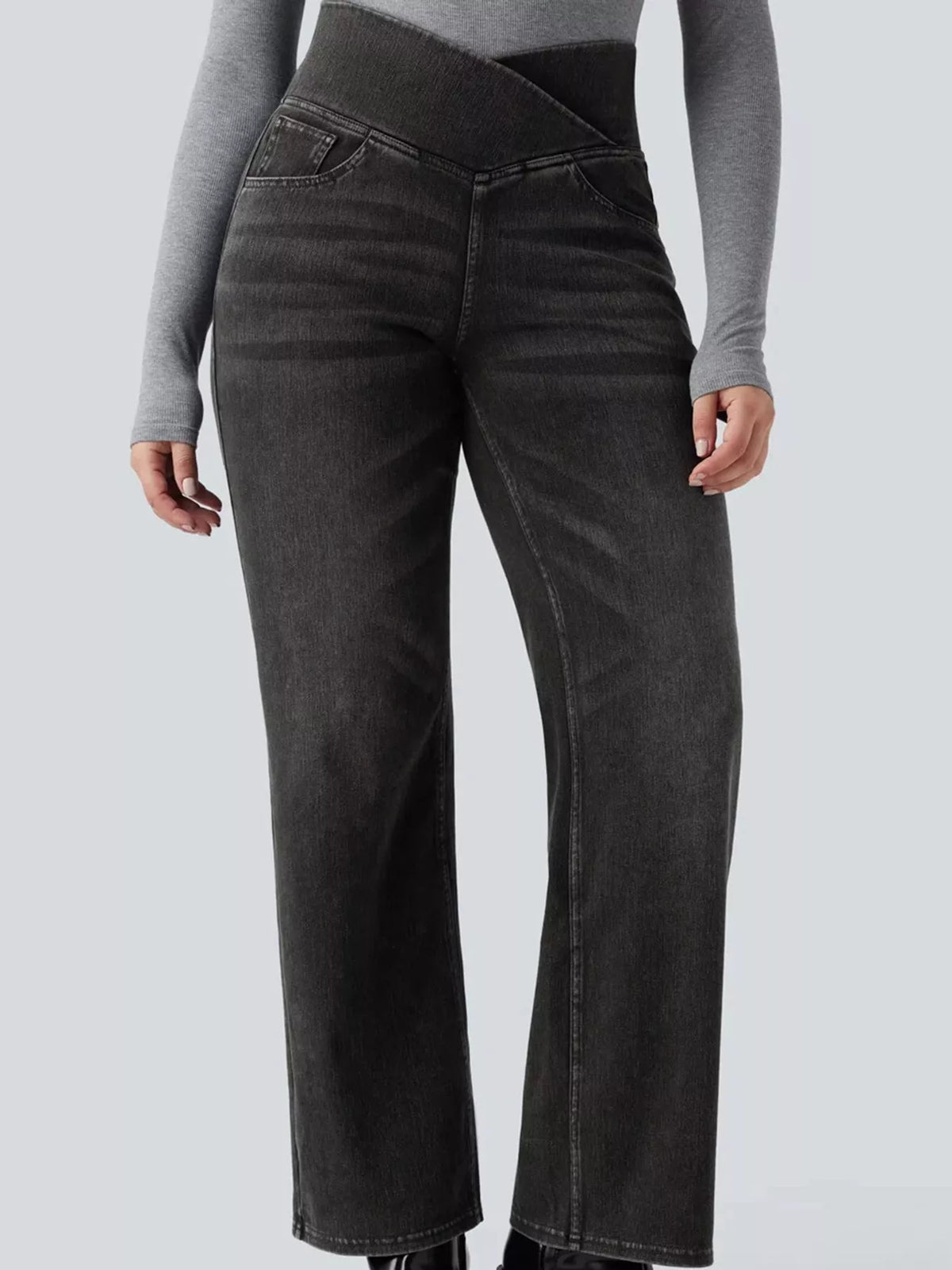 High-Waisted Crossover Straight-Leg Jeans, front view