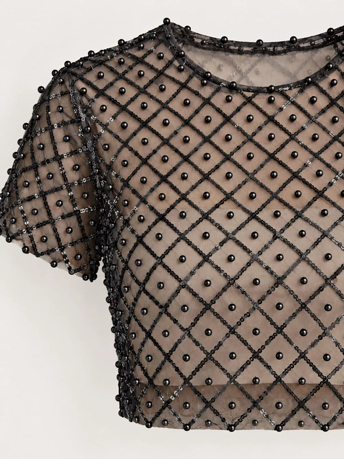 Sheer Mesh Pearl Embellished Crop Blouse, detail view in black