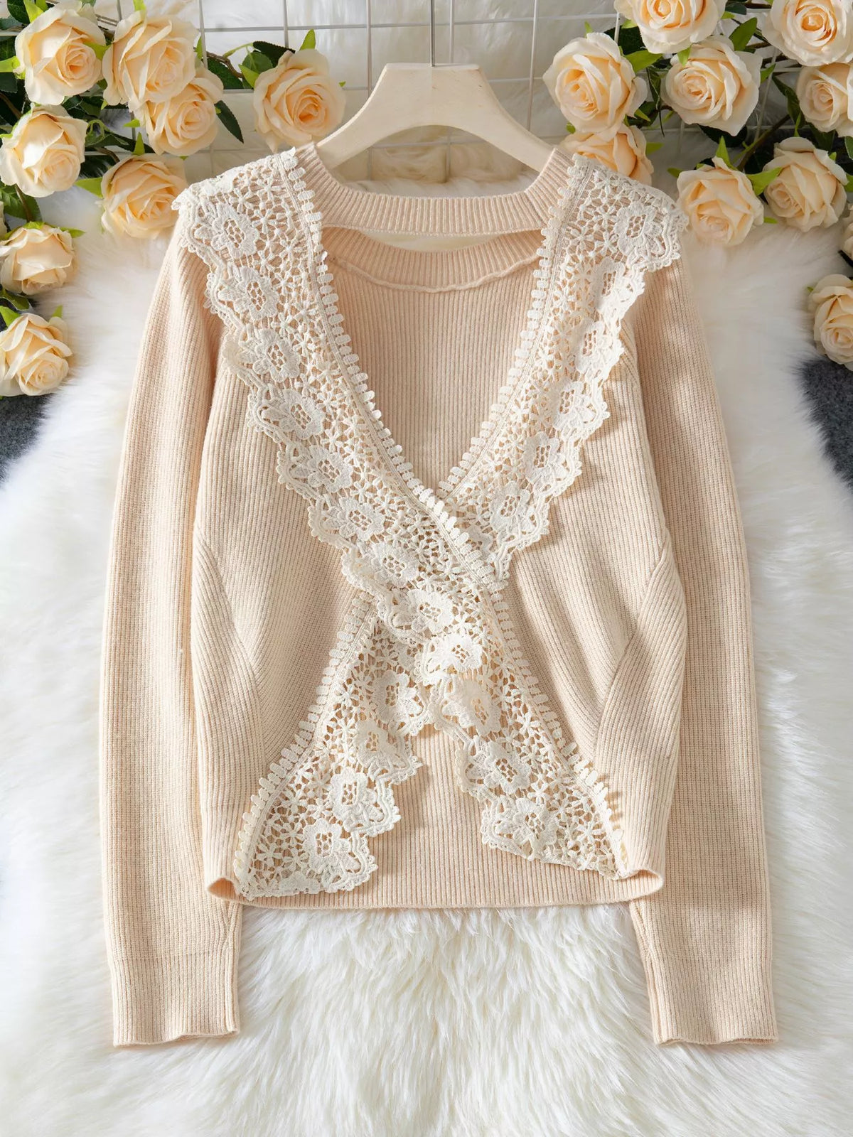 Round neck long sleeve sweater, back view