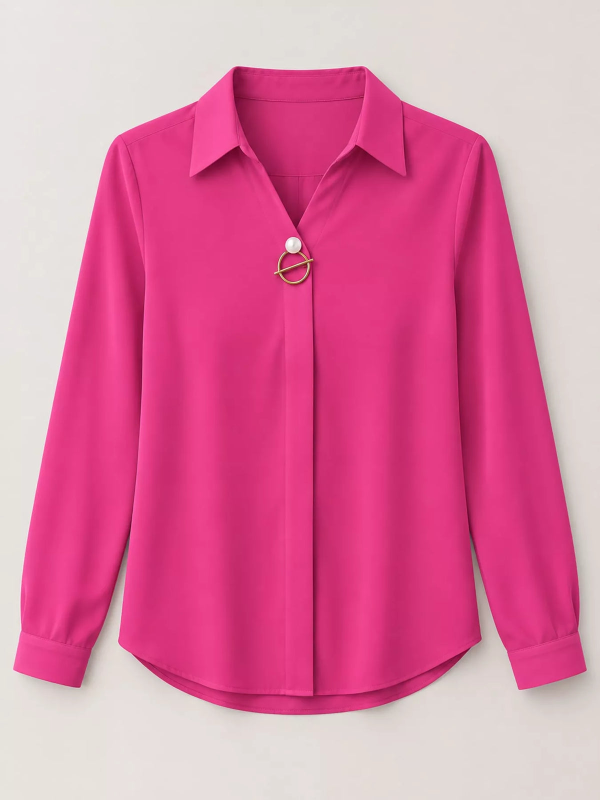 Women's Collared Clasp Detail Long Sleeve Satin Blouse in pink — flat lay view