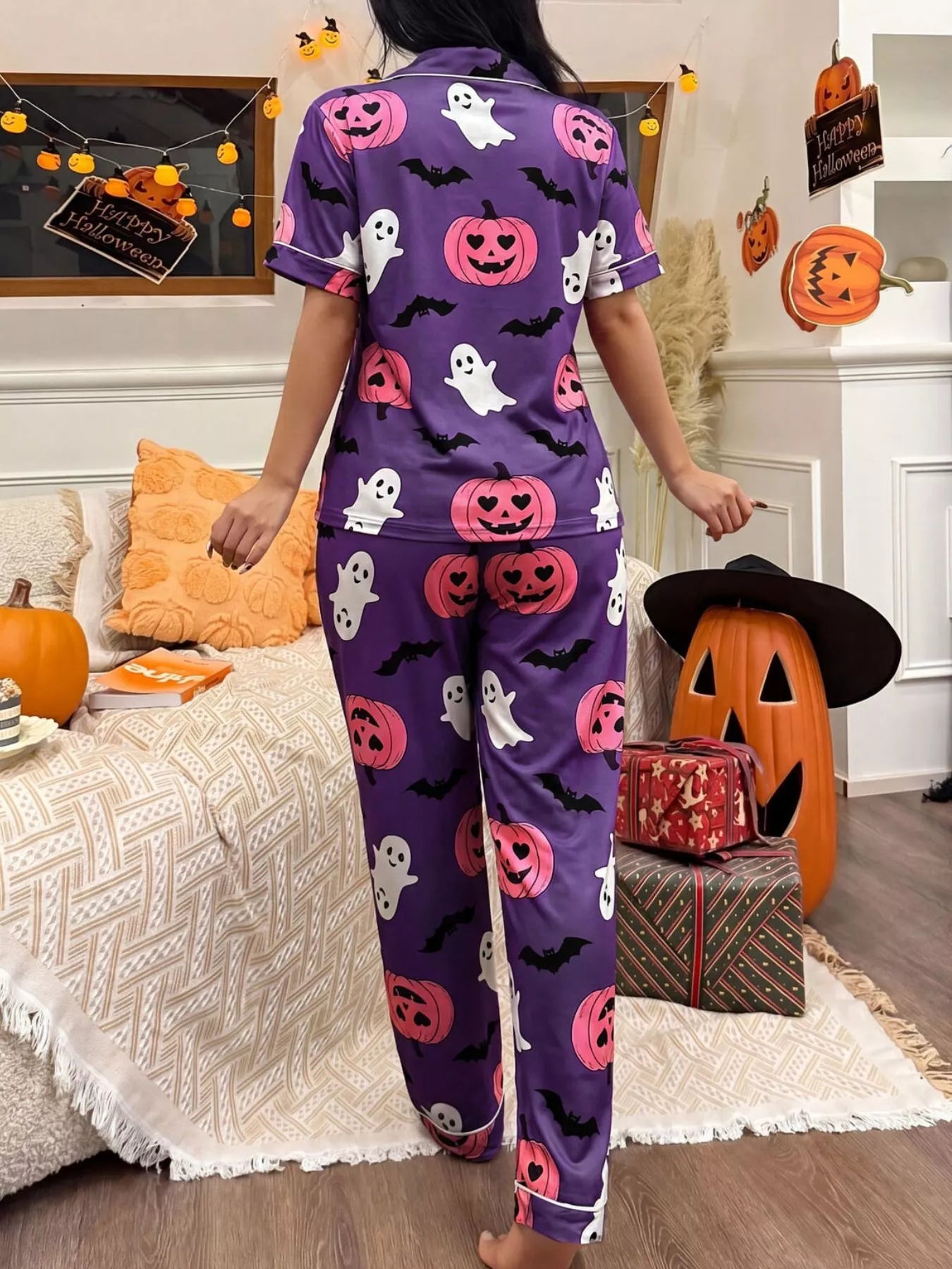 Trendsi Halloween Pumpkin Print Button-Down Top and Pants Set -