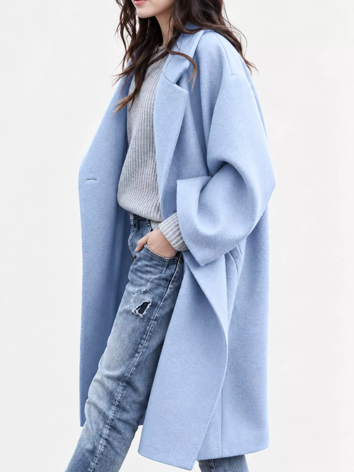 Light blue lapel collar one button coat, side view