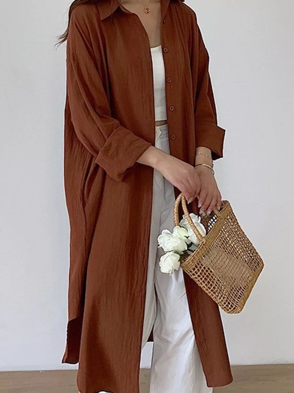 Collared long sleeve midi dress, front view on model
