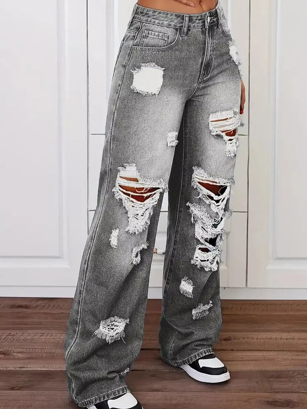 Distressed Wide-Leg Jeans in gray, front view