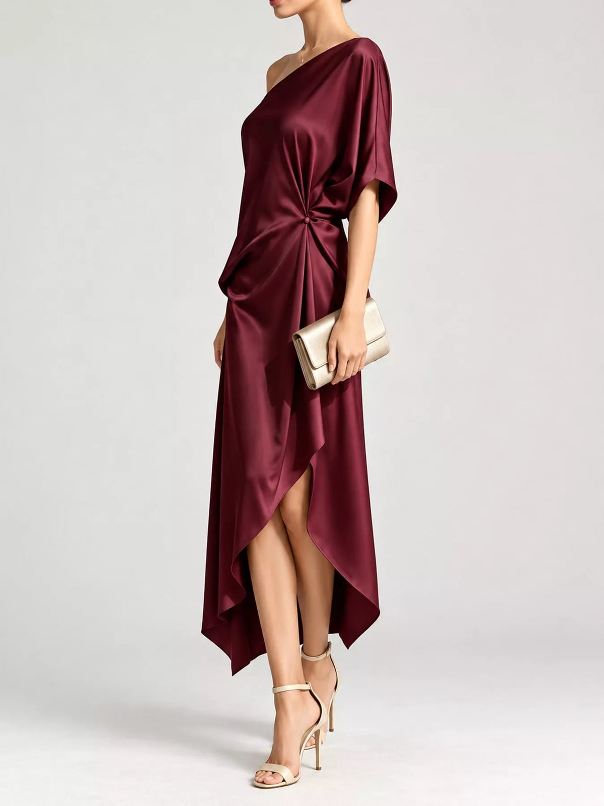 One-shoulder dress, burgundy side