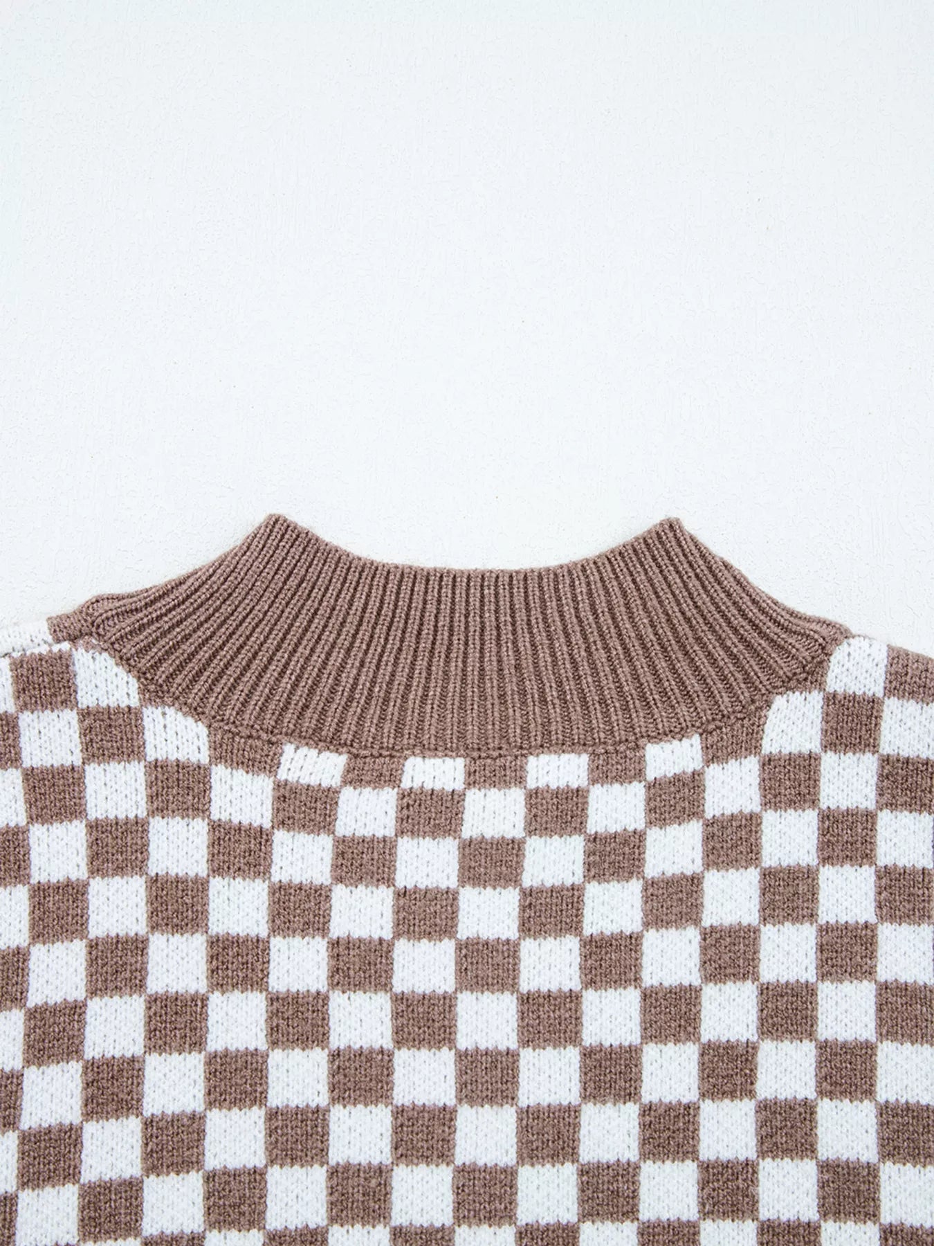 Trendsi Half Button Ribbed Trim Checkerboard Knit Sweater -