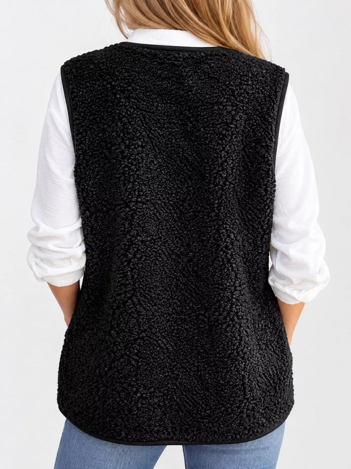 Women's Sherpa Button-Down Vest in black — back view