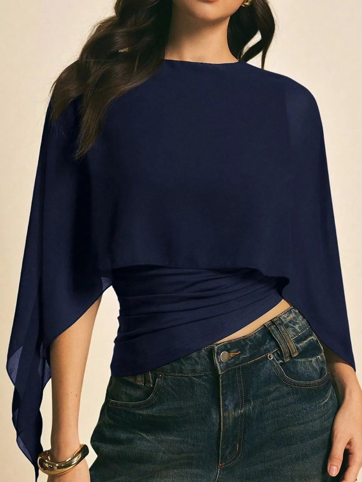 Navy cape sleeve round neck blouse