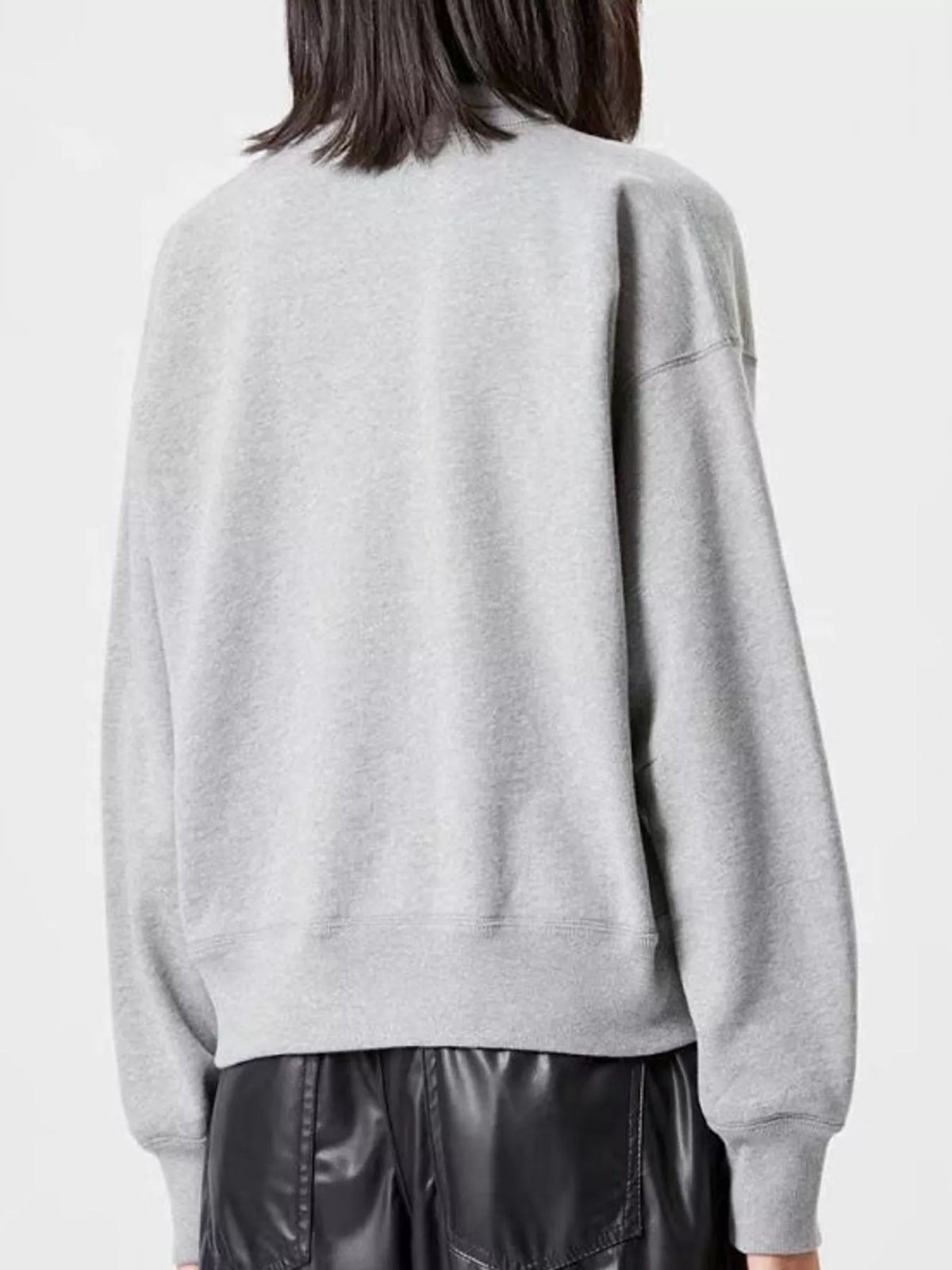 Heather Gray v-neck dropped shoulder graphic sweatshirt, back view