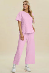 Trendsi Double Take Full Size Texture Round Neck Short Sleeve Top and Pants Set -