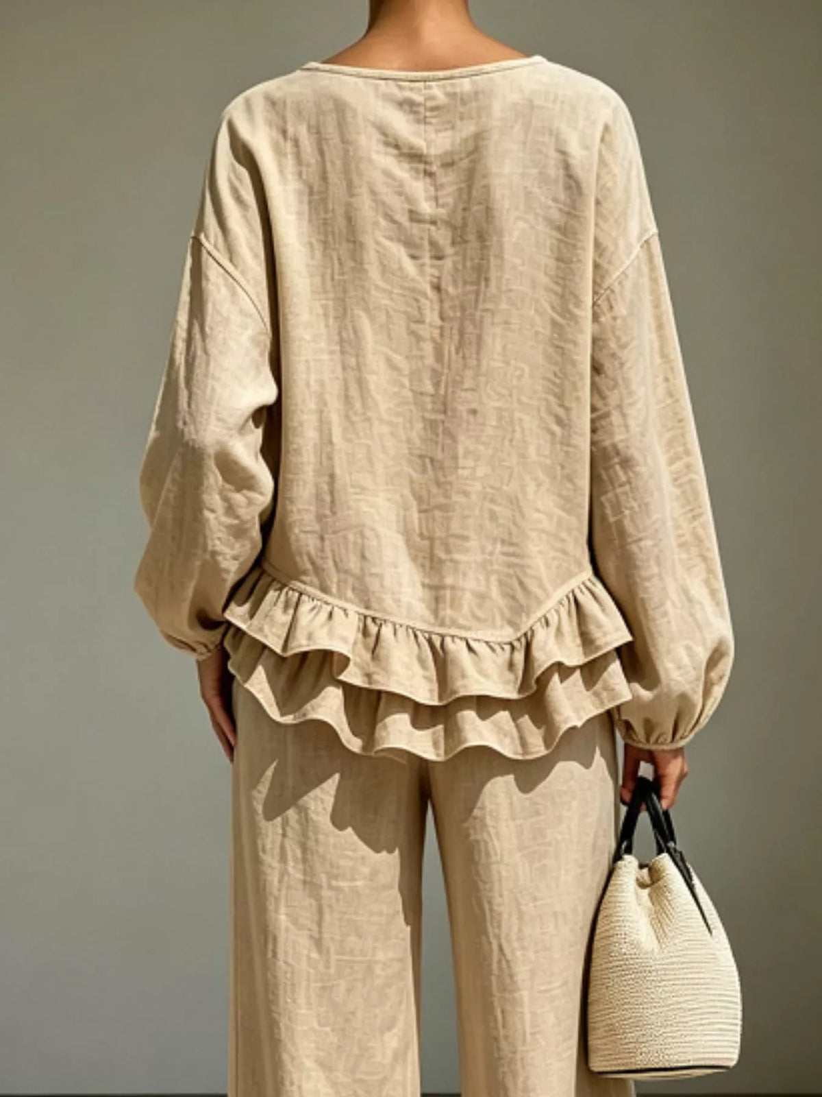 Ruffled Hem Long Sleeve Top and Pants Set — back view
