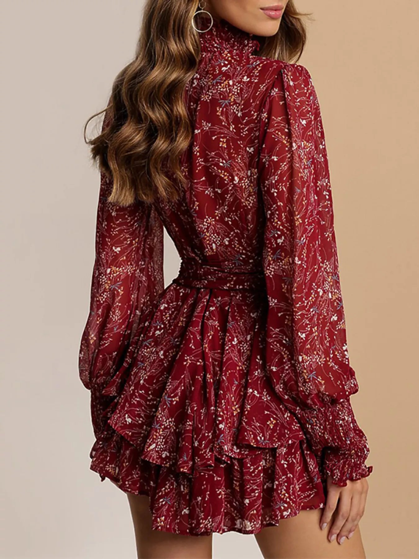 Trendsi Plus Size Floral Print Mock Neck Long Sleeve Ruffle Hem Mini Dress -