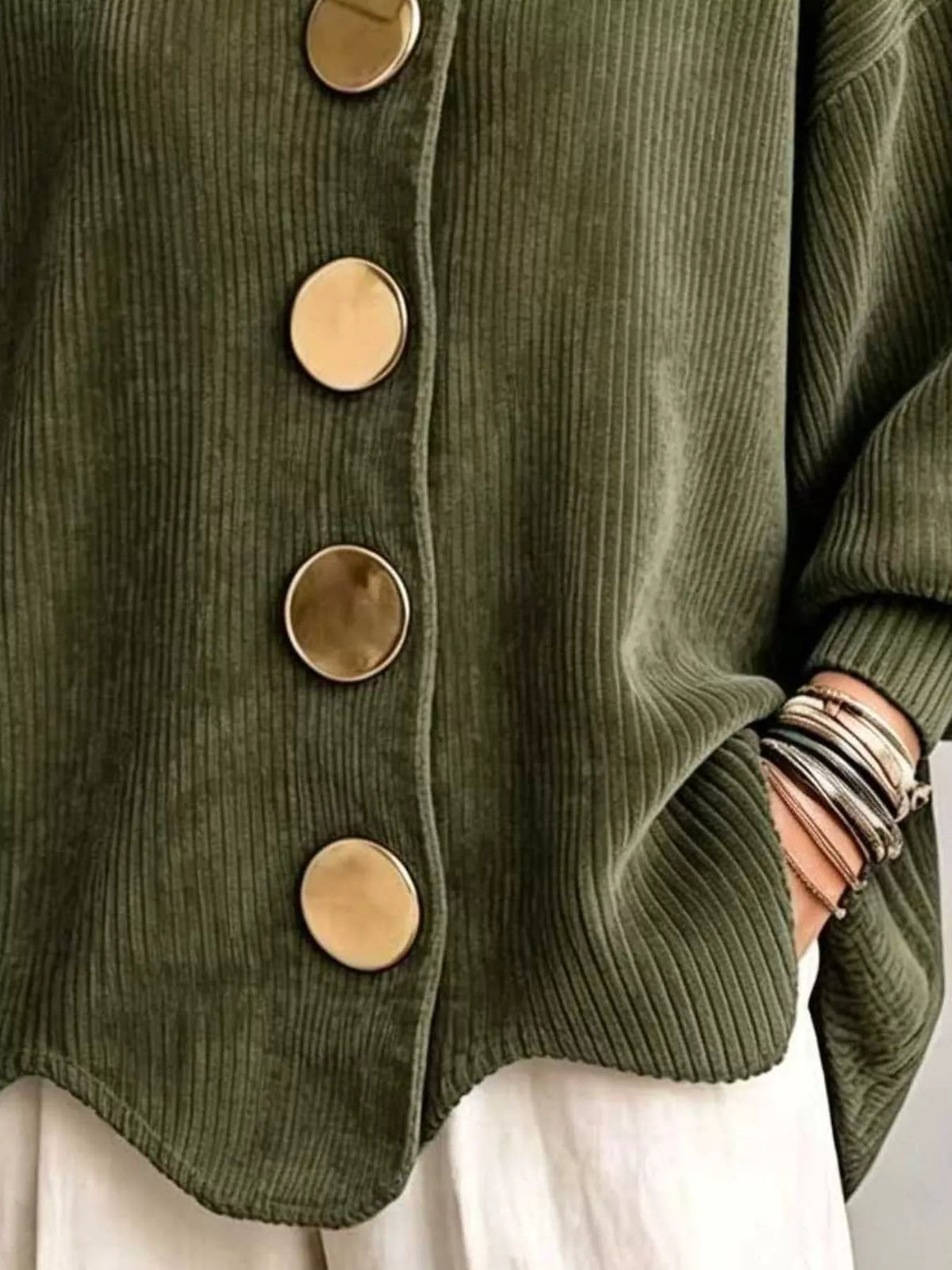 Women's Ribbed Knit Gold Buttons Cardigan in olive — button detail view