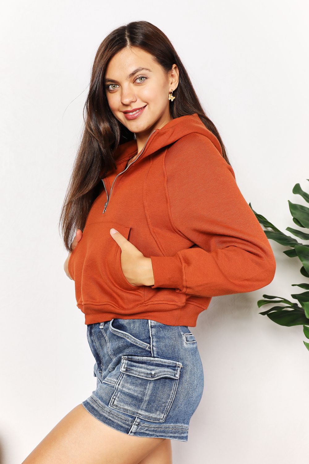 Cropped half-zip long-sleeve hoodie