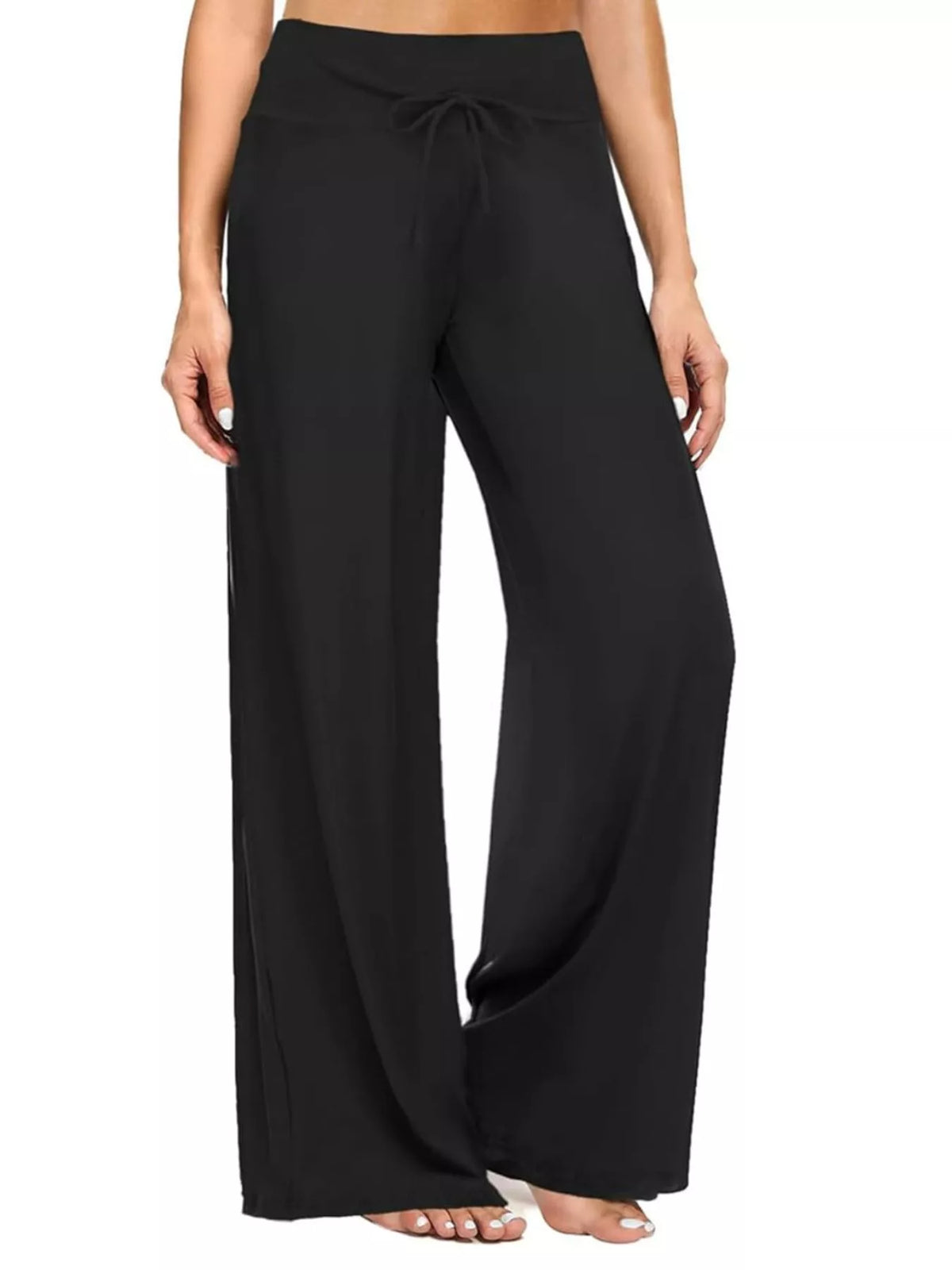 Black drawstring wide-leg pants — front view