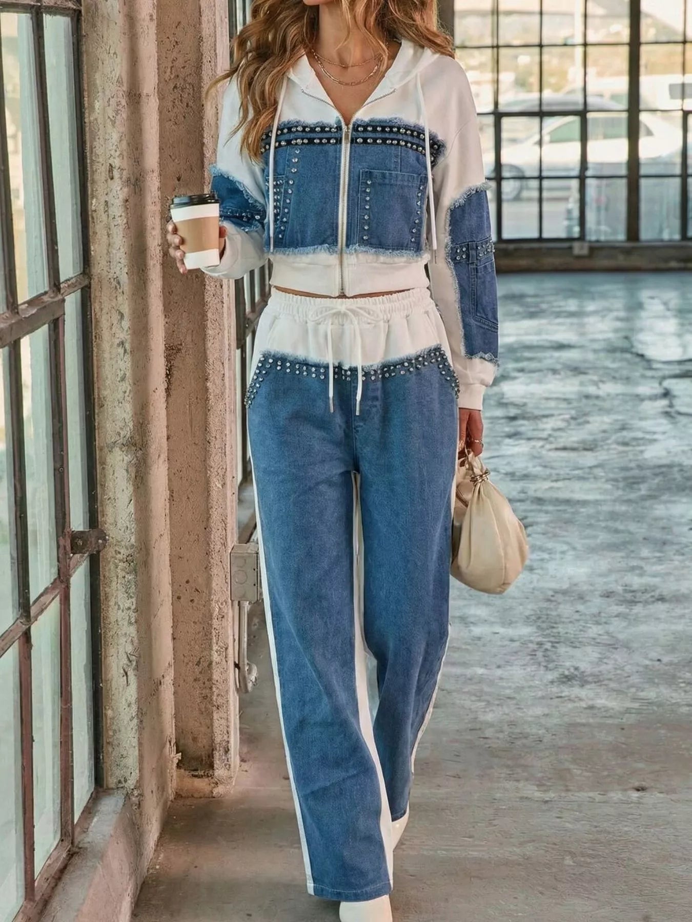 Studded denim patchwork hoodie and joggers set