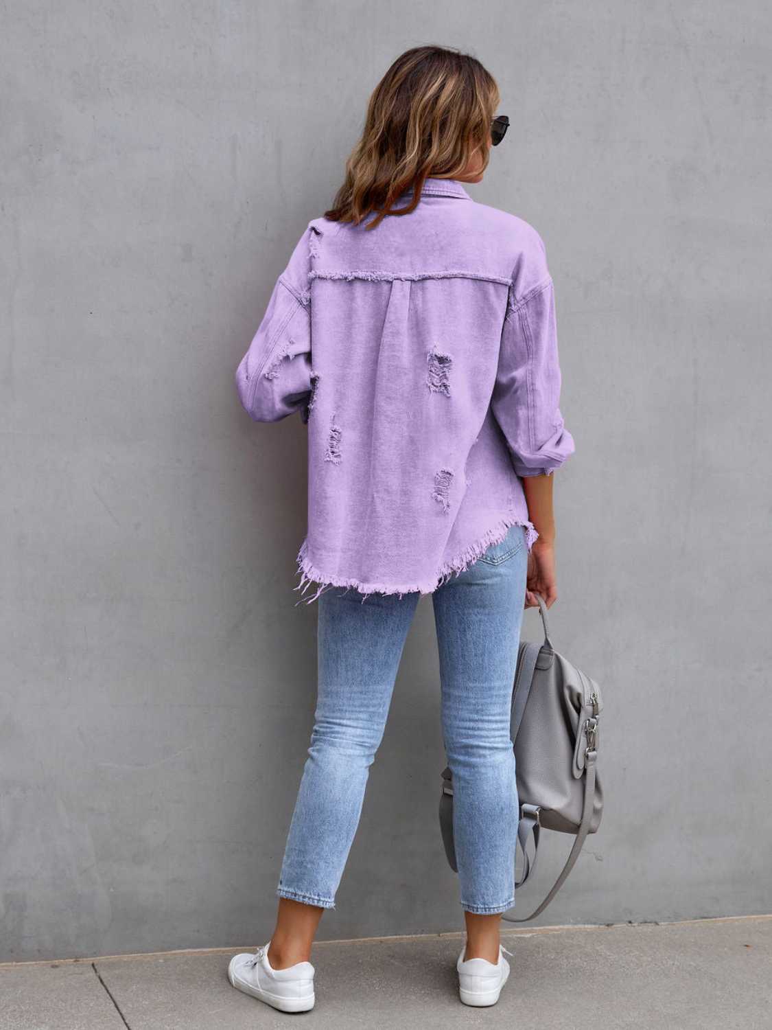 Trendsi Distressed Drop Shoulder Denim Jacket -