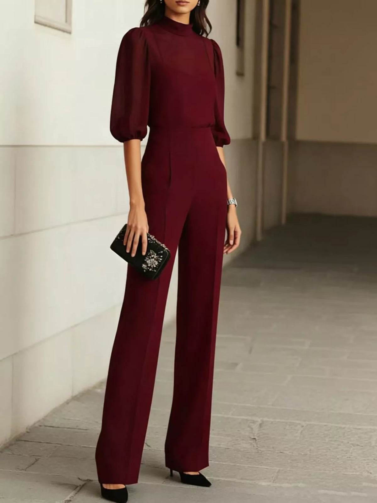 Women's Mock Neck Puff Sleeve Top and Wide Leg Pants Set in burgundy — front view