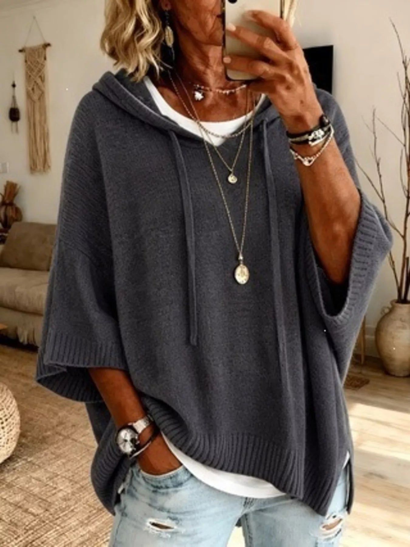 Trendsi Full Size Casual Hooded Batwing Sleeve Knit Sweater Plus Size -