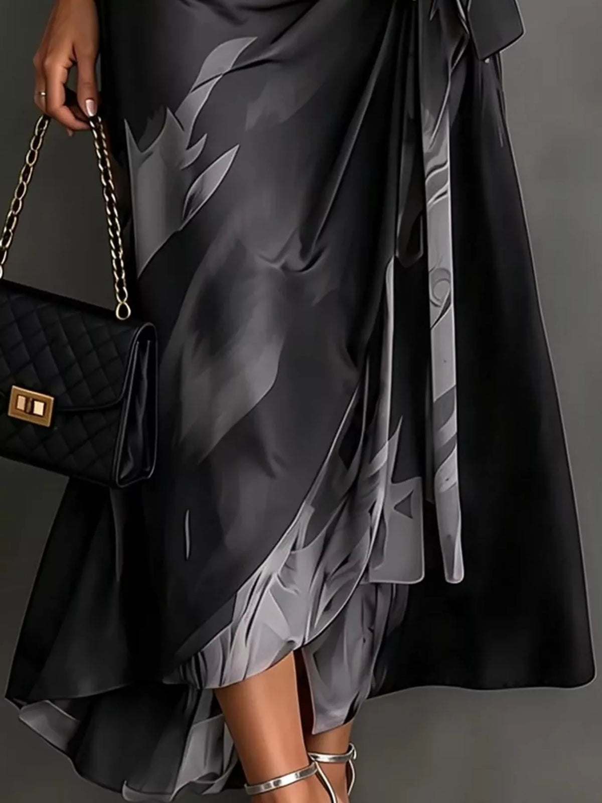 Gray and black tie-detail surplice dress, midi hem detail