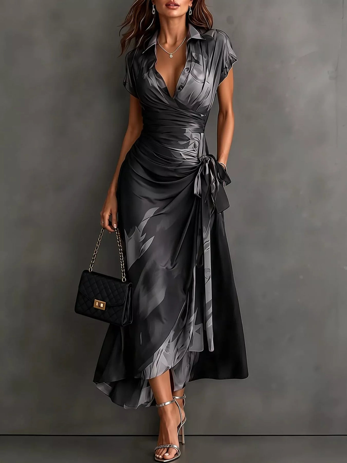 Gray and black tie-detail surplice dress