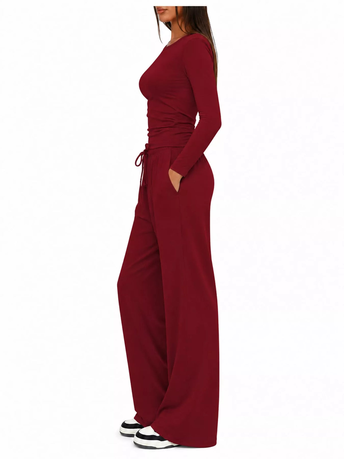 Long Sleeve Ruched Top and Wide-Leg Drawstring Pants Set — side view