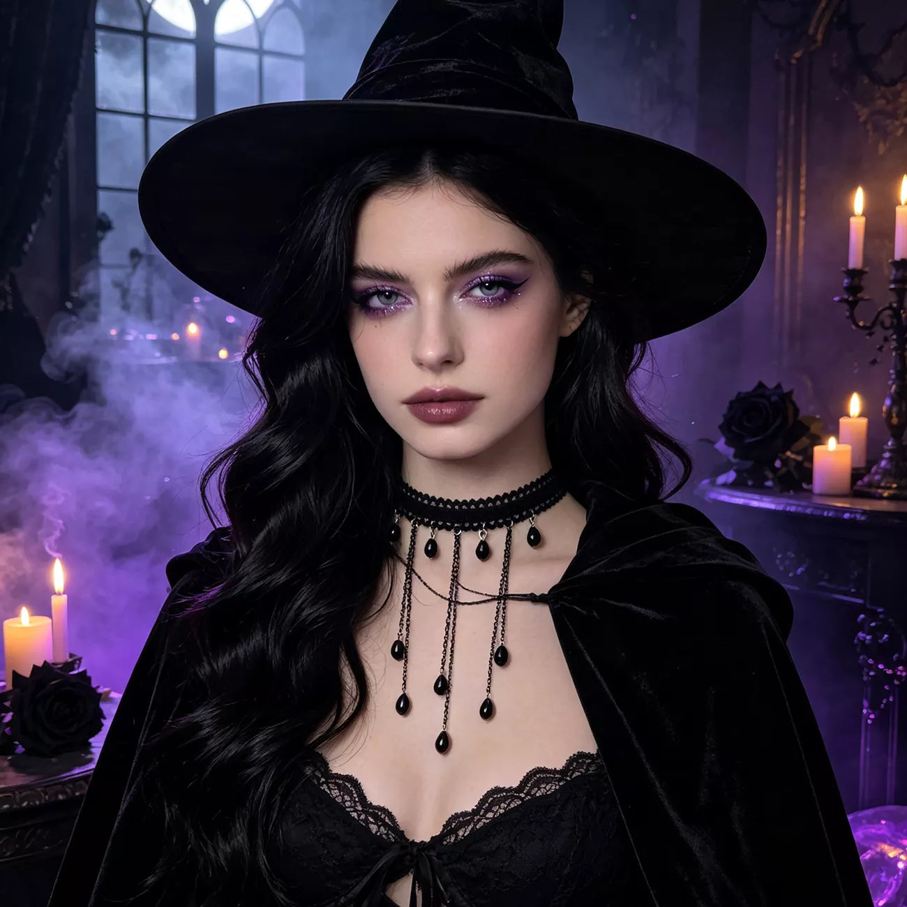 Trendsi Gothic Lace Choker Necklace with Teardrop Dangle Charms -