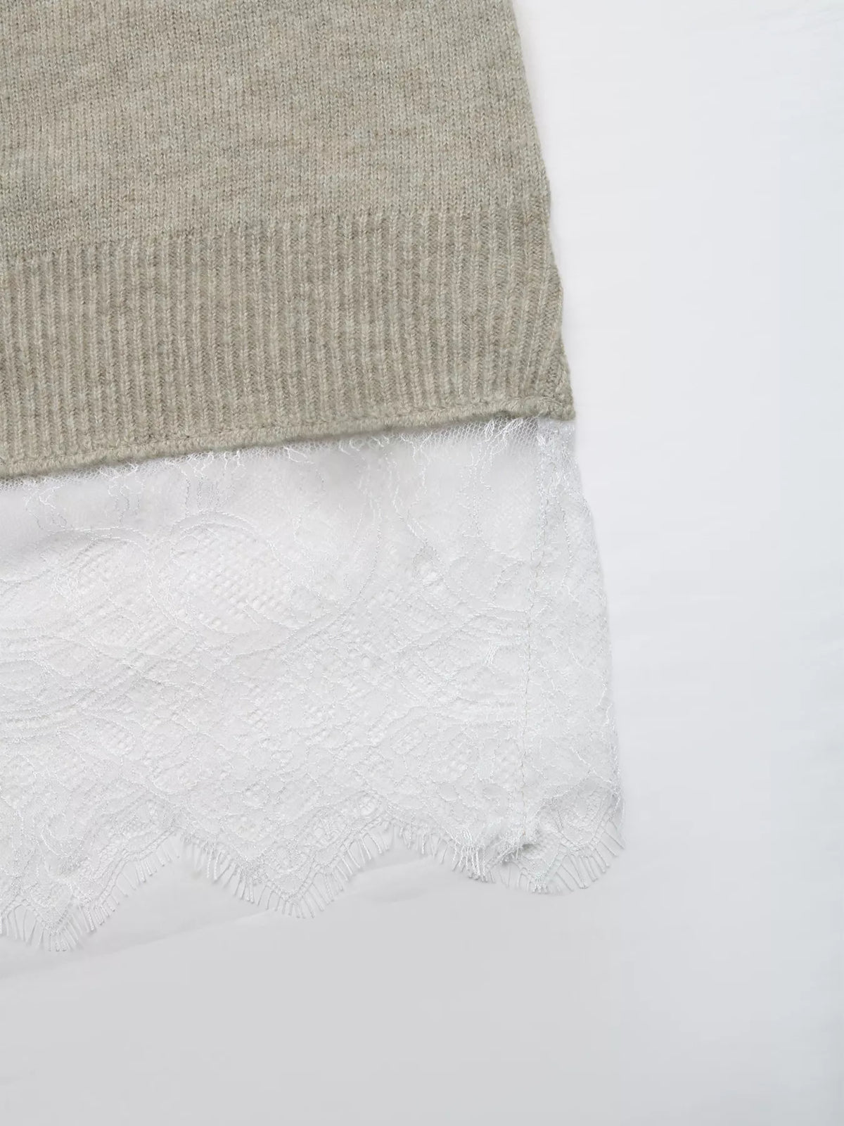 Beige layered lace hem sweater, lace hem detail