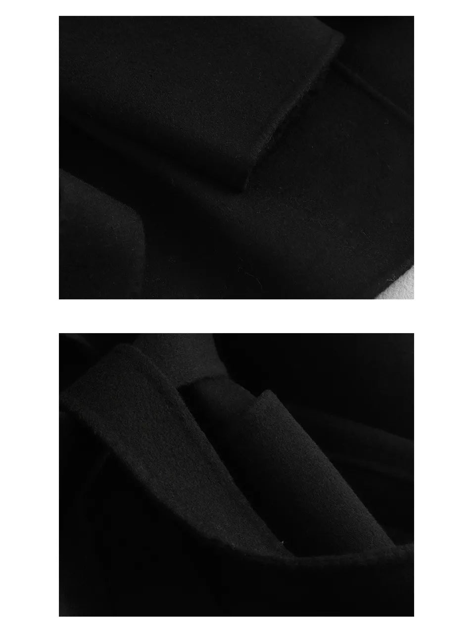 Black belted double-sided wool coat, belt and patch pocket close-ups