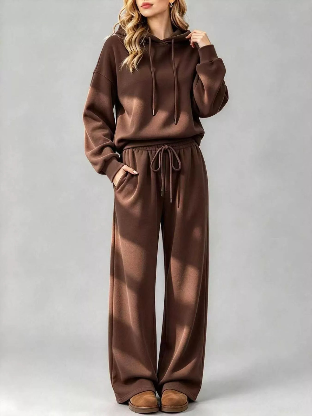Dark Brown dropped shoulder hoodie and wide-leg pants set