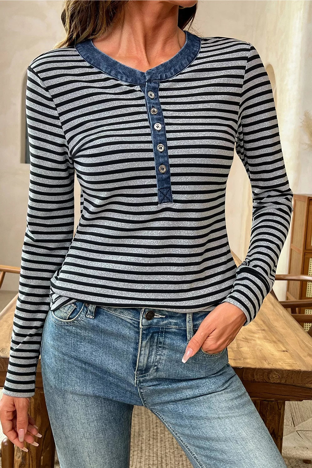 Trendsi Stripe Denim Contrast Collar Half Button Long Sleeve Top -