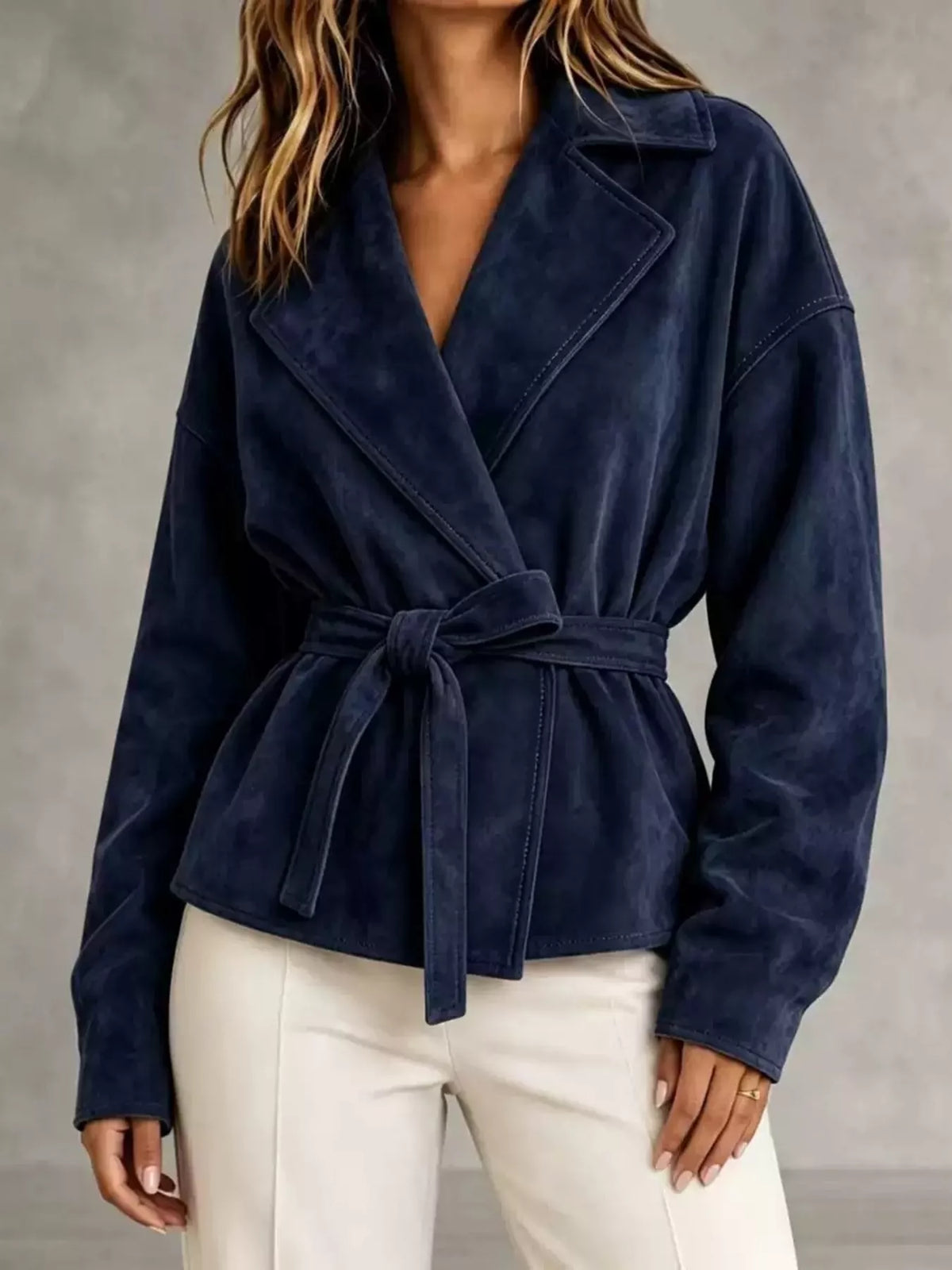 Navy tie-waist lapel collar jacket
