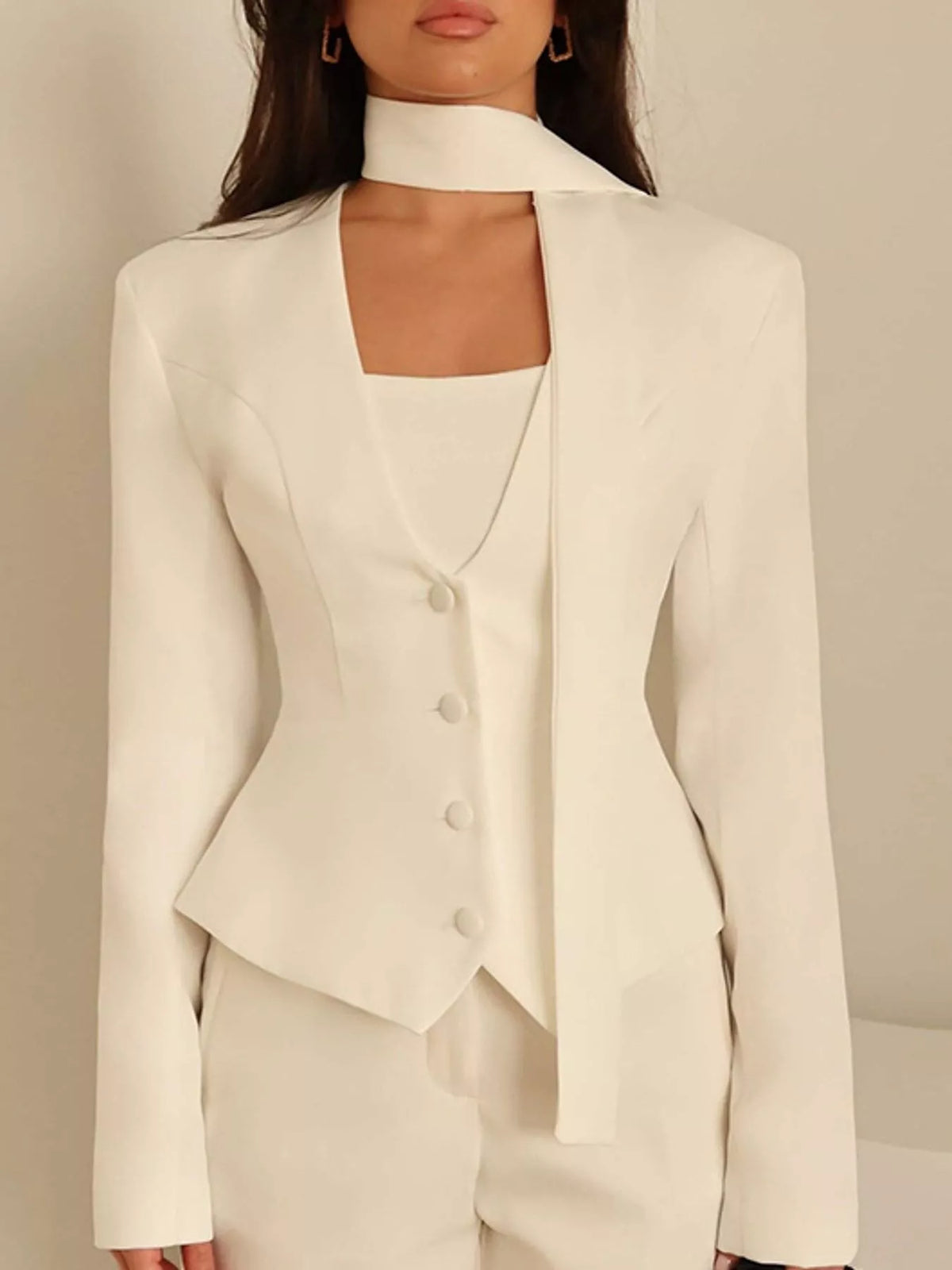 long sleeve blazer, front view on model