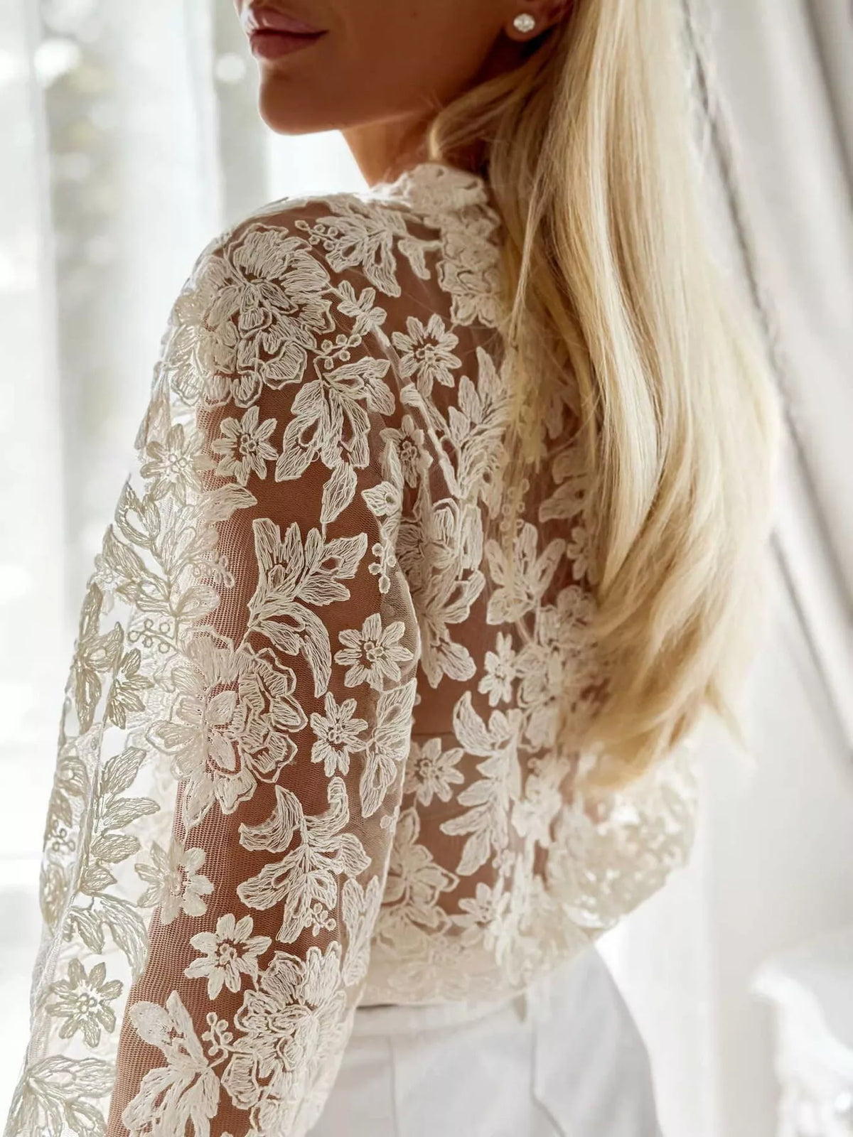 Cream sheer floral lace long sleeve shirt, back shoulder view