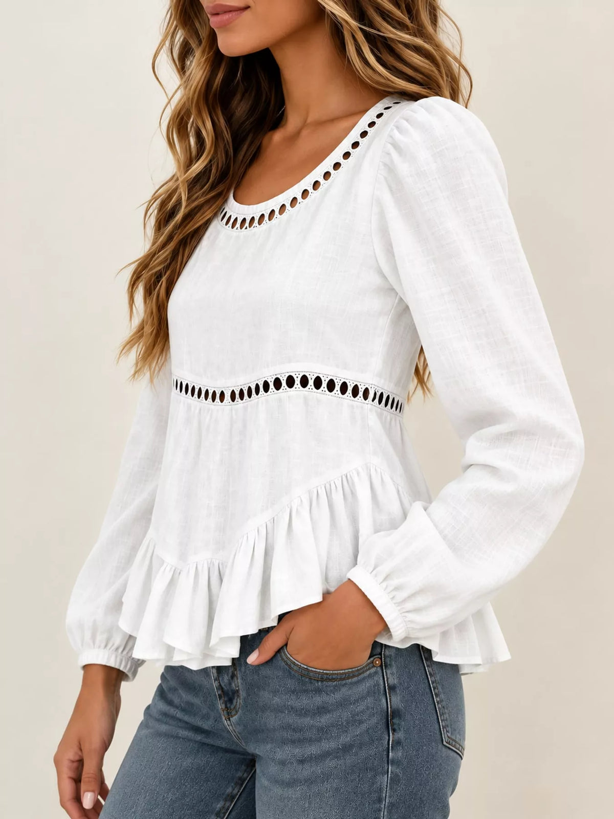 Women's Long Sleeve Blouse with Eyelet Lace Trim and Ruffled Hem in white — side view