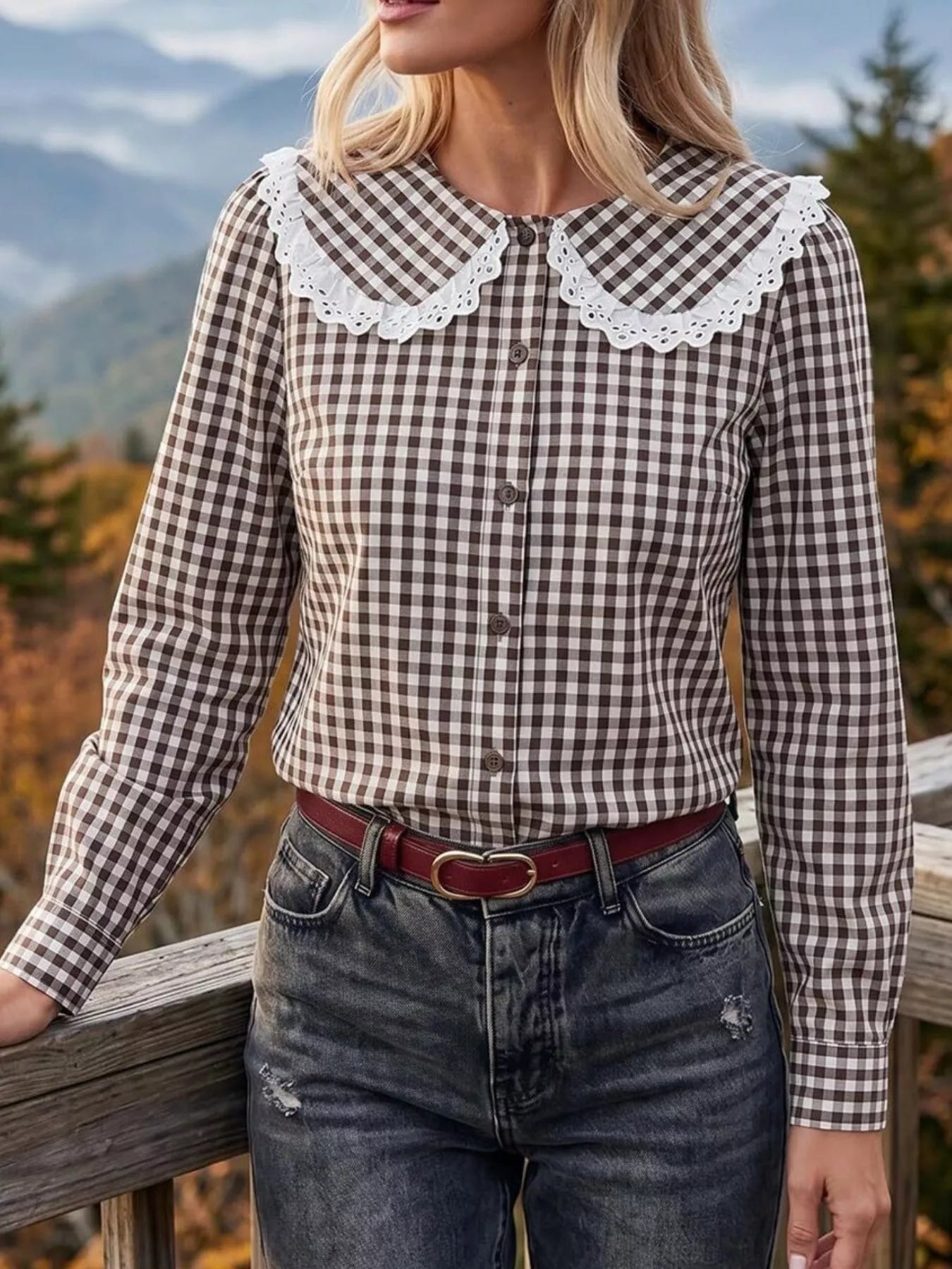 Trendsi Lace Peter Pan Collar Button Up Shirt -