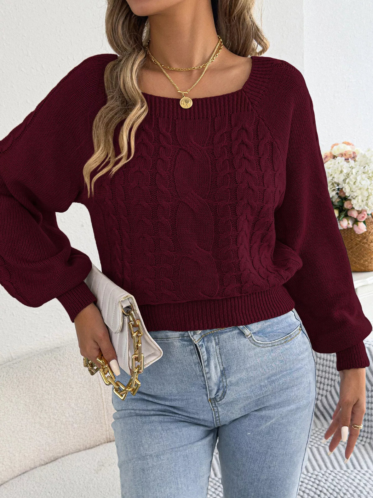 Burgundy square neck cable knit sweater