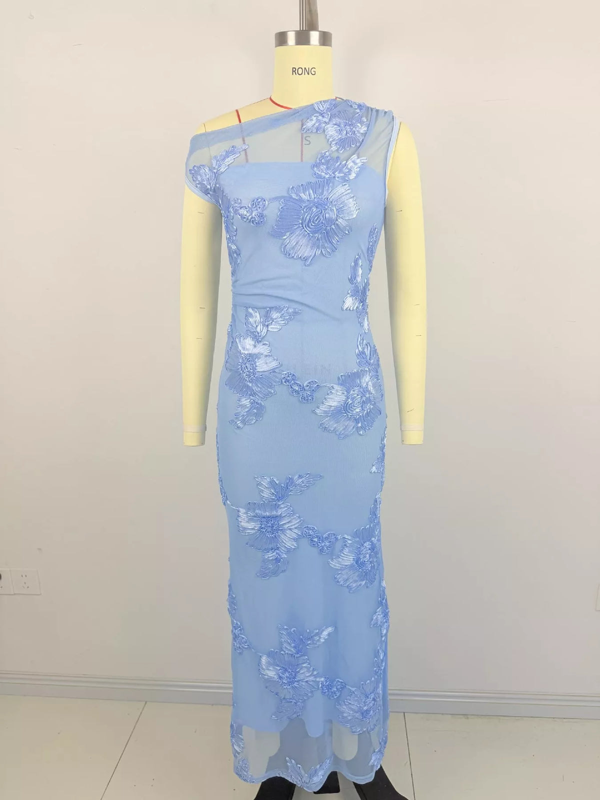 Blue floral one-shoulder maxi dress, front on mannequin