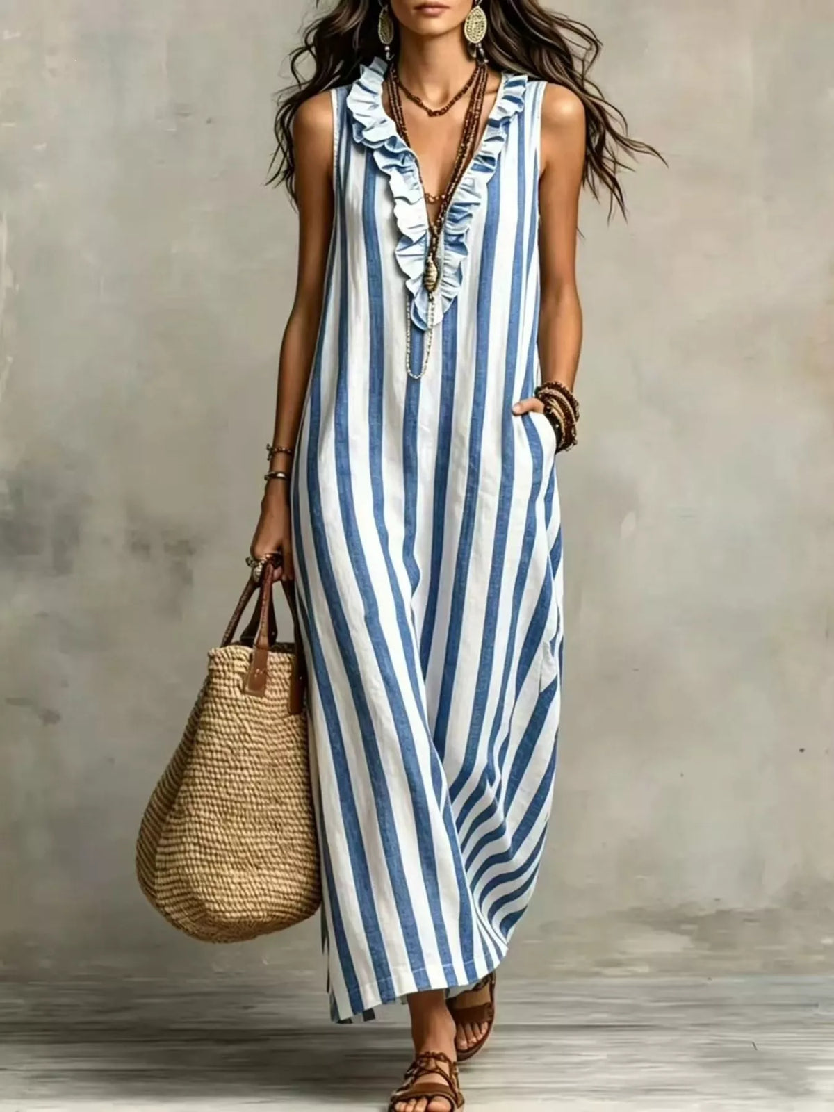 Blue and white striped sleeveless maxi dress, front view