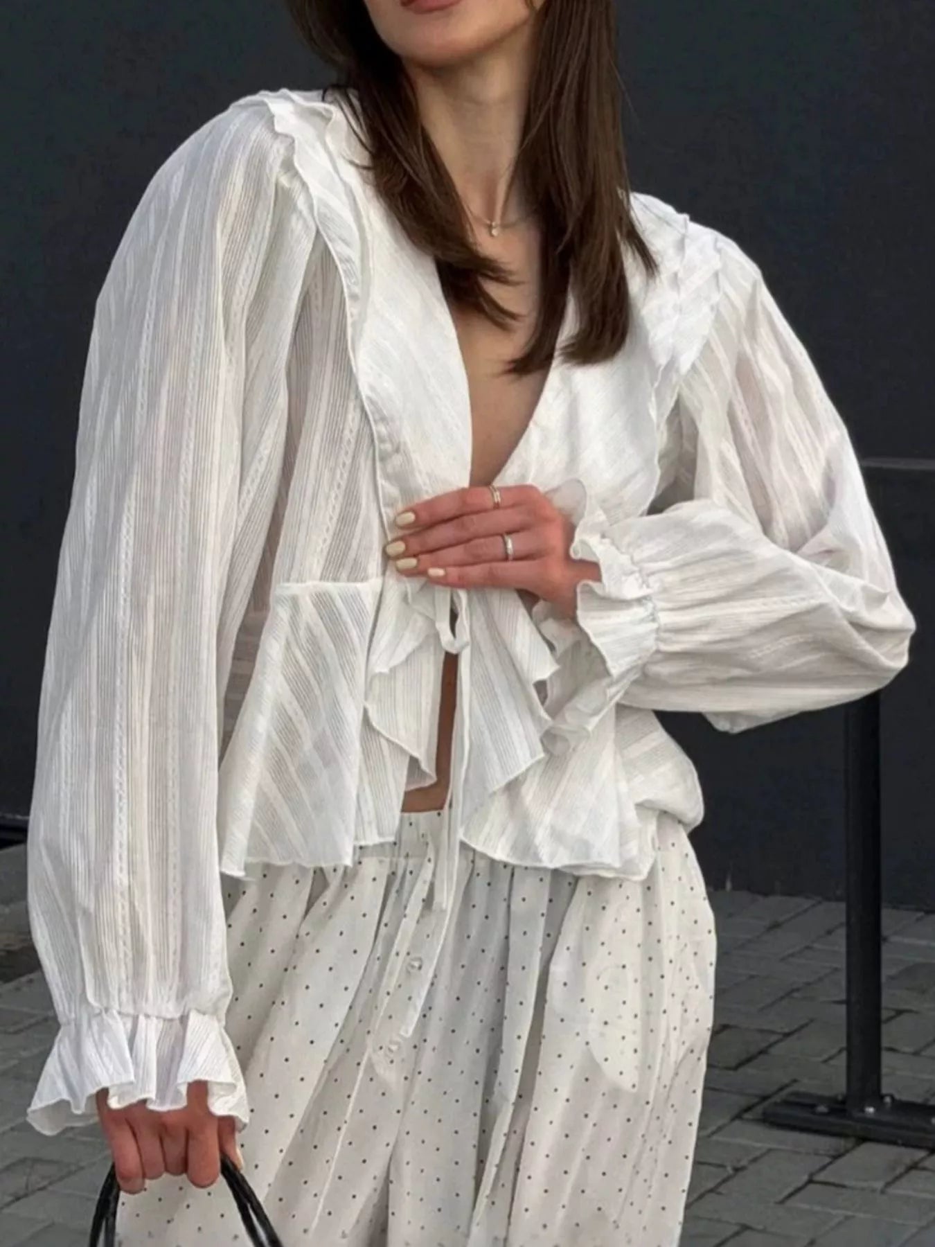 Trendsi Ruffled Striped Flounce Sleeve Blouse -